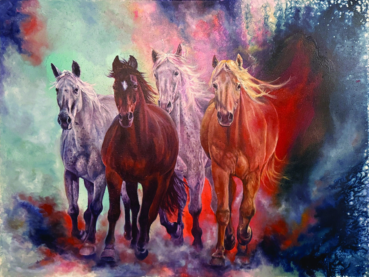 Chasing the Storm, original oil over acrylic pour painting of four horses running through a colorful storm by D Schaub Crockett